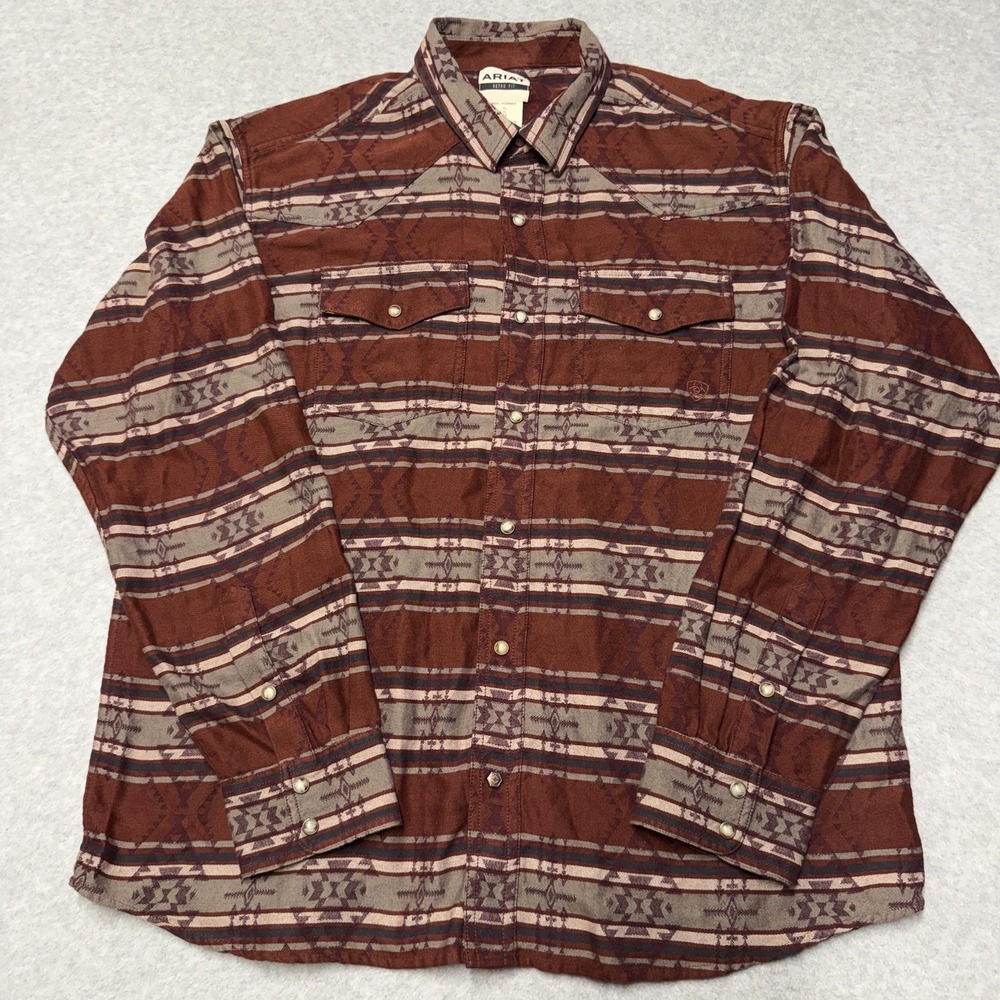 Ariat Shirt Mens XL Brown Aztec Hendrie Retro Pearl Snap Long Sleeve Western